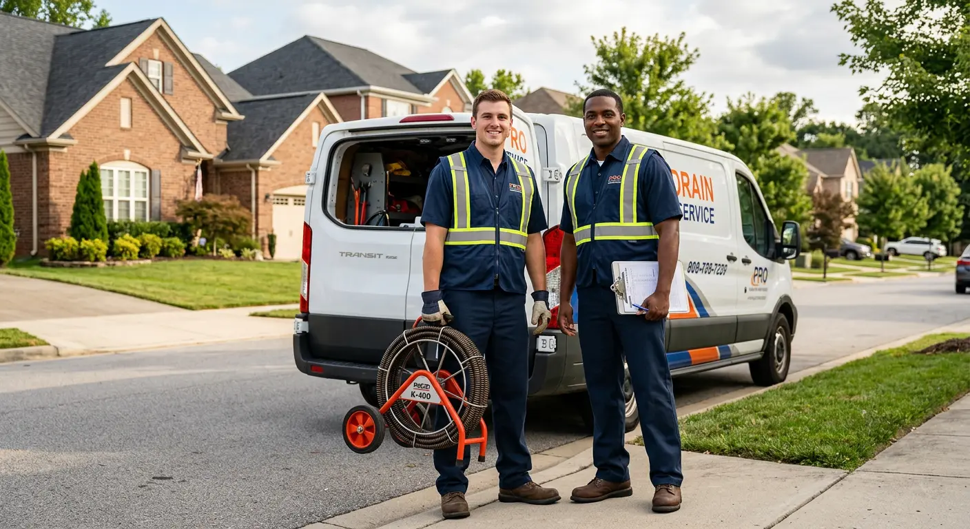 Sewer and drain service team with equipment ready for work in Stratford