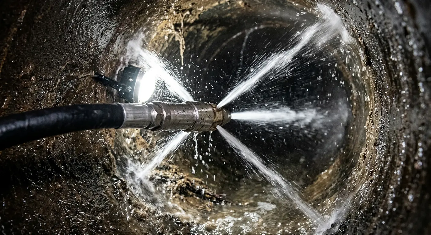 High-pressure hydro jetting nozzle cleaning sewer pipe for Emergency Drain Service in Stratford