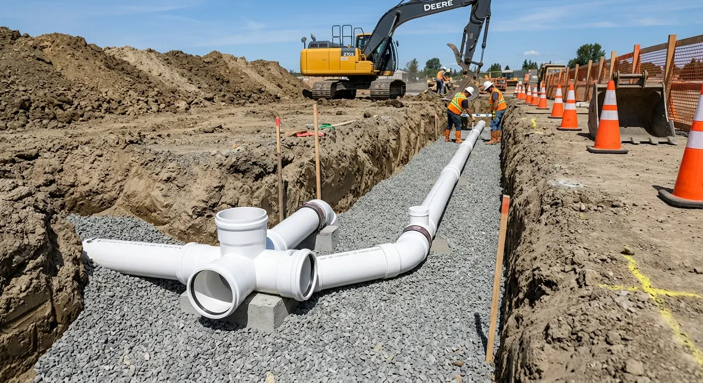 New PVC sewer pipe installation in open trench for Sewer Backup in Stratford
