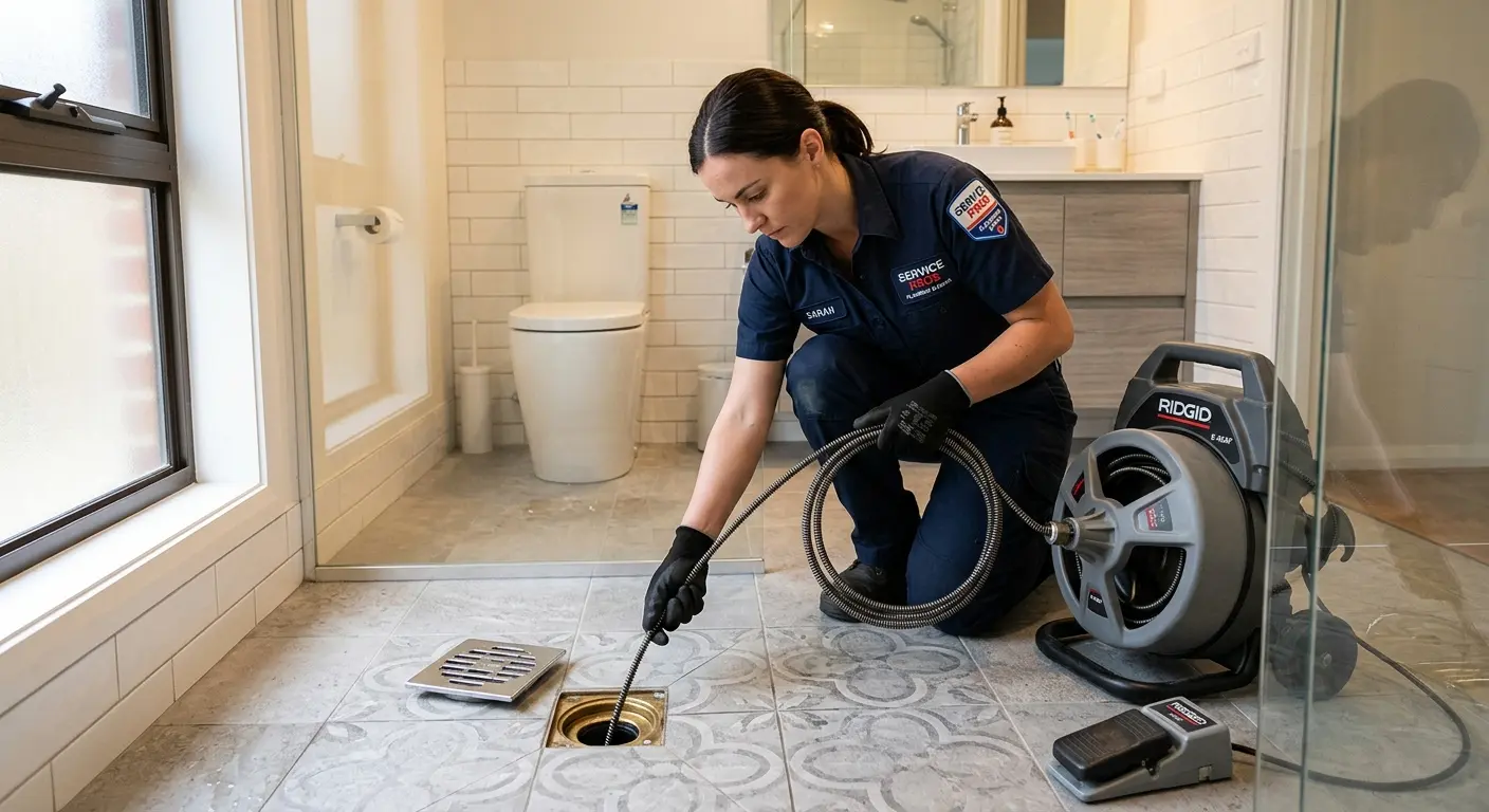 Technician clearing a bathroom floor drain for Drain Cleaning in Stratford
